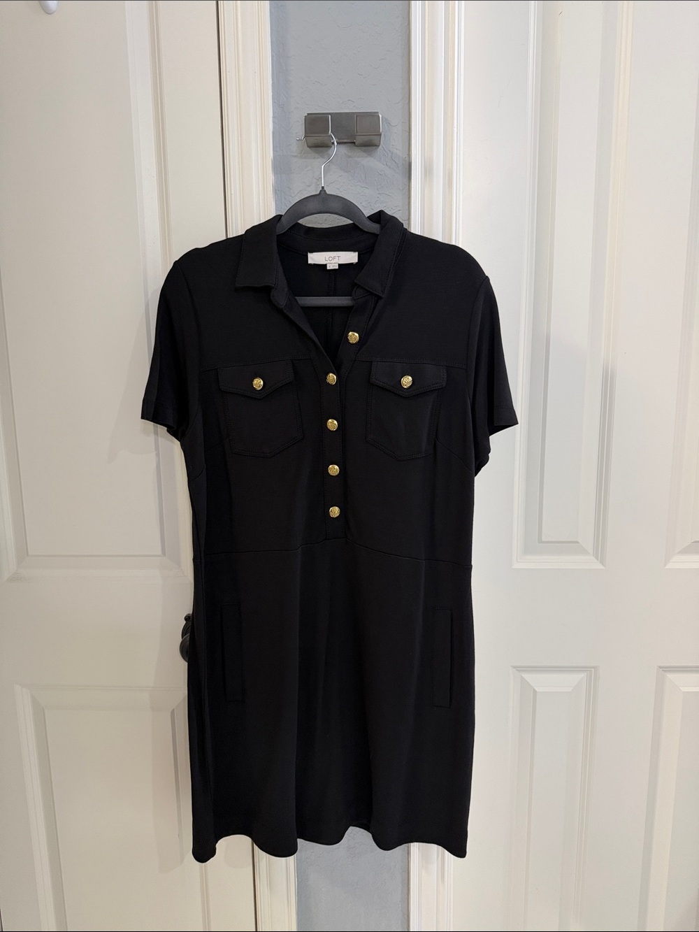 LOFT Black Short Sleeve Polo Dress with Gold Buttons